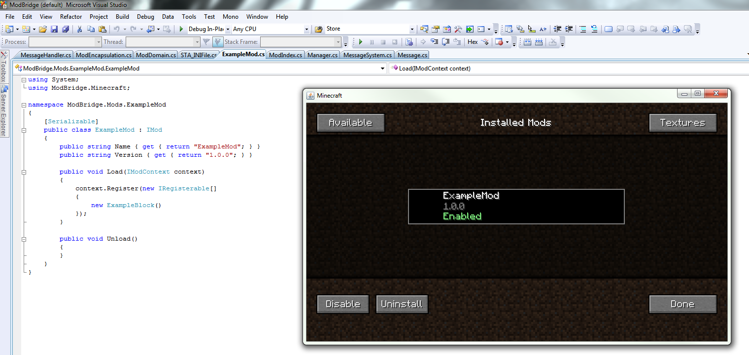 A screenshot of using ModBridge in Minecraft.